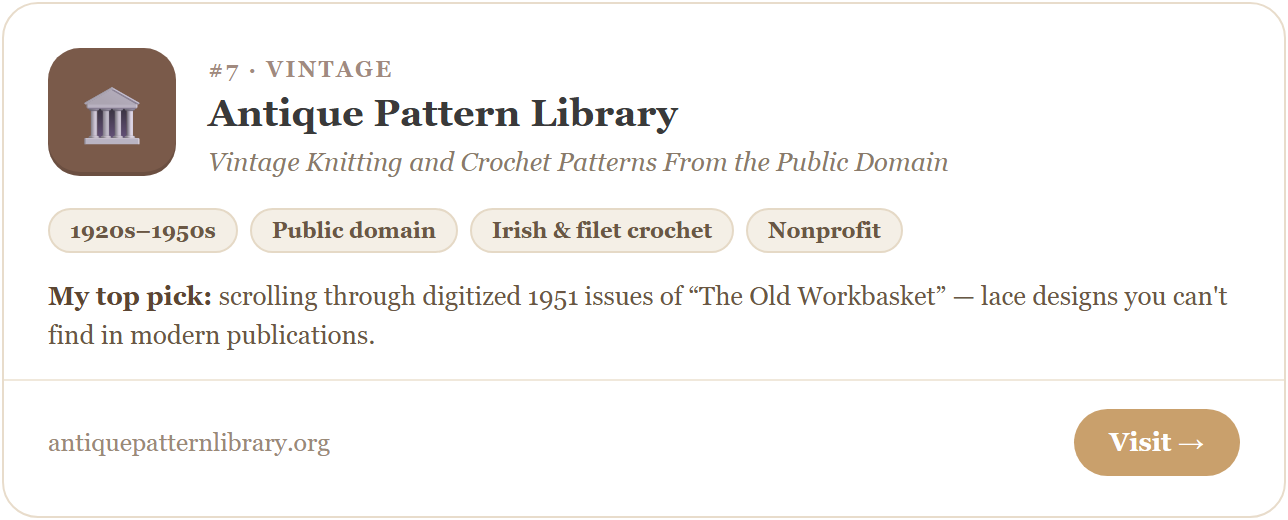 Antique Pattern Library — vintage knitting patterns and crochet patterns from the public domain. Digitized 1920s–1950s vintage magazines, Irish crochet, filet crochet and embroidery.